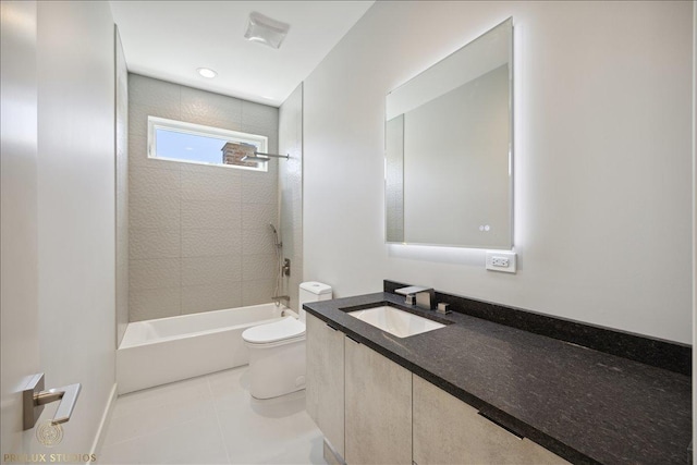 full bathroom with shower / washtub combination, tile patterned flooring, vanity, and toilet