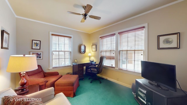 office space with carpet floors, baseboards, a ceiling fan, and crown molding