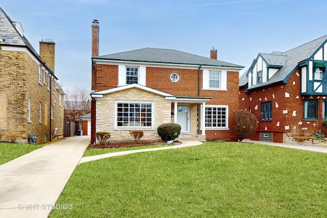 view of front of house with a front yard, stone siding, brick siding, and a chimney