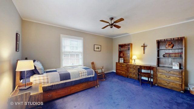 carpeted bedroom featuring ceiling fan, baseboards, and crown molding