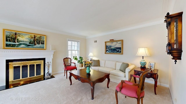 carpeted living area featuring a fireplace with flush hearth, crown molding, and baseboards