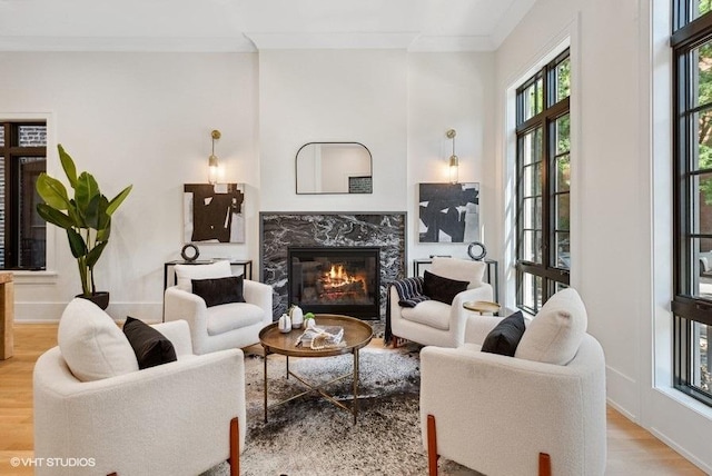 living area with a fireplace, wood finished floors, baseboards, and ornamental molding