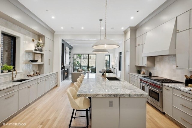 kitchen with crown molding, custom range hood, range with two ovens, light wood-style flooring, and a sink