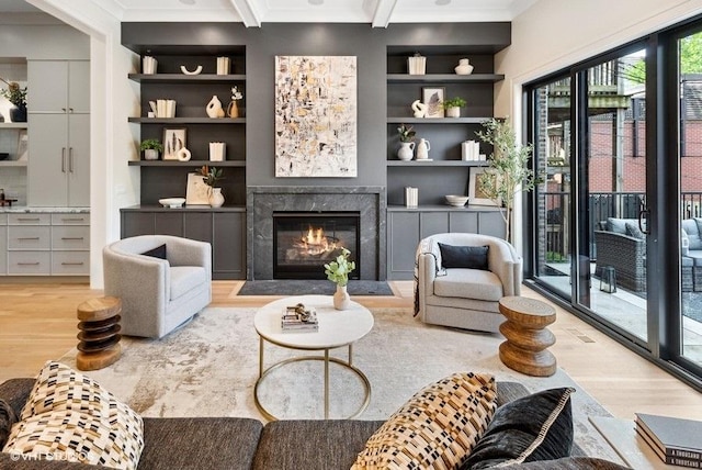 living area featuring a premium fireplace, built in shelves, and wood finished floors