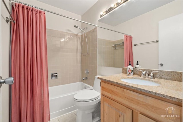 bathroom with toilet, shower / bathtub combination with curtain, vanity, and tile patterned floors