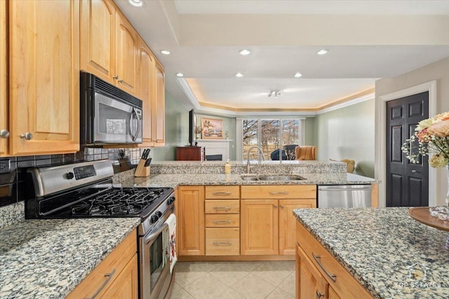 kitchen featuring light stone countertops, appliances with stainless steel finishes, a sink, and ornamental molding