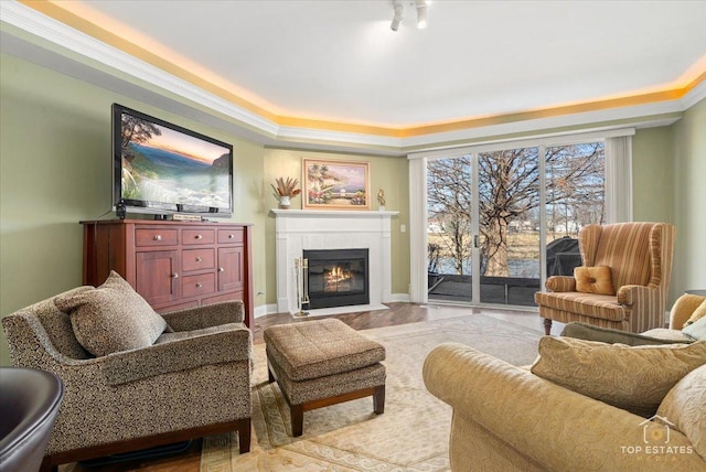 living area featuring a fireplace with flush hearth, baseboards, and a raised ceiling