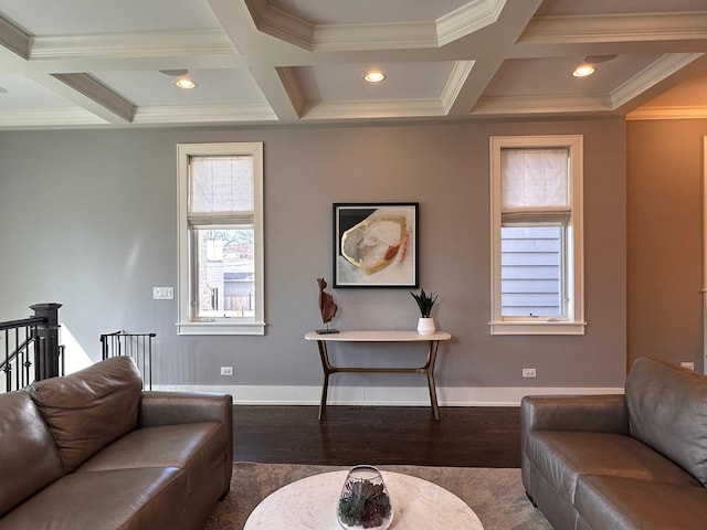 living area featuring baseboards, wood finished floors, and beamed ceiling