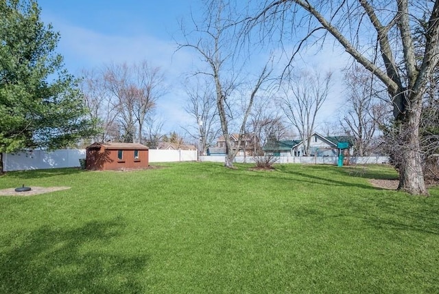 view of yard with an outbuilding and a fenced backyard