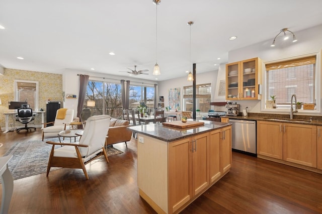 kitchen featuring dishwasher, open floor plan, a sink, and dark wood-style floors