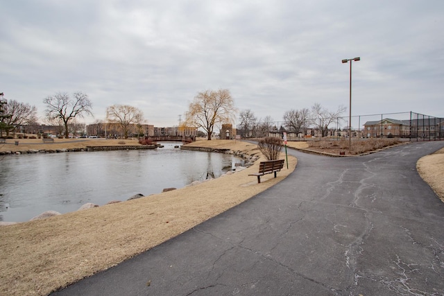 view of street with a water view