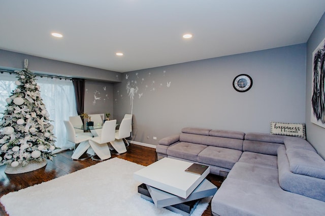 living room featuring baseboards, wood finished floors, and recessed lighting