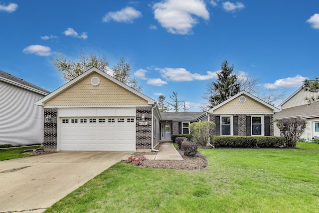 ranch-style home with a garage, concrete driveway, brick siding, and a front yard