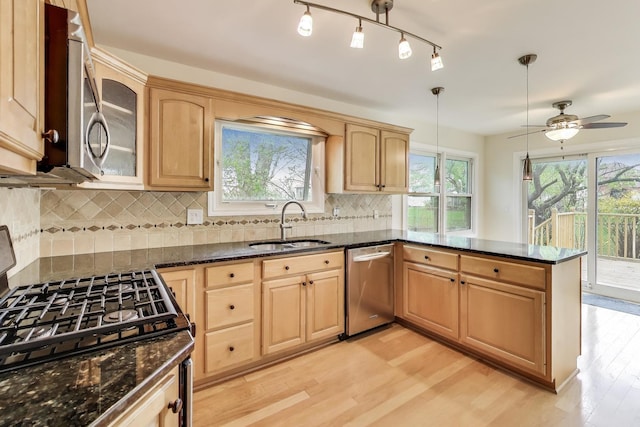 kitchen with a sink, a peninsula, dark stone counters, a ceiling fan, and stainless steel appliances