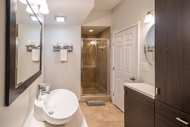 bathroom featuring tile patterned floors, visible vents, a stall shower, and a sink