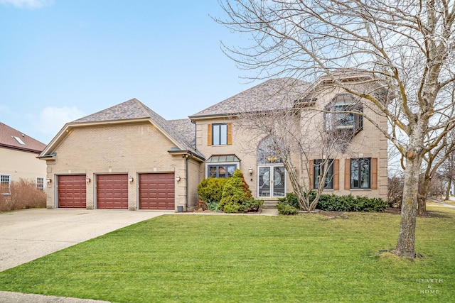 view of front of home featuring driveway, an attached garage, a front yard, and brick siding