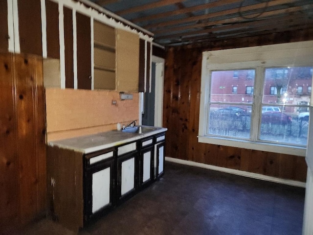 kitchen with dark floors, a sink, wood walls, and baseboards