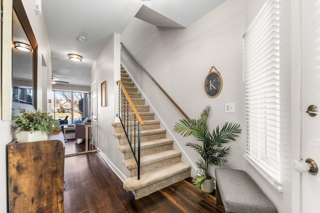 staircase featuring baseboards, wood-type flooring, and a ceiling fan