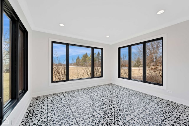 spare room with recessed lighting, baseboards, ornamental molding, and tile patterned flooring