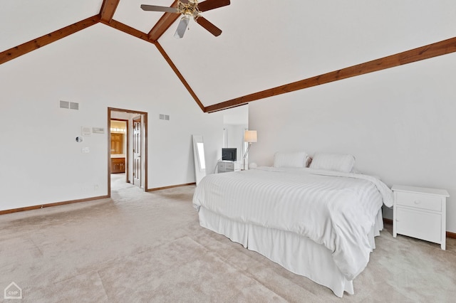 bedroom with visible vents, baseboards, light colored carpet, and beamed ceiling