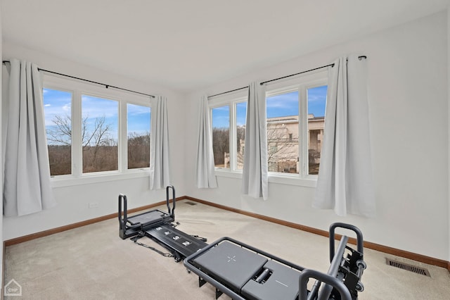 exercise area featuring visible vents, baseboards, and carpet floors