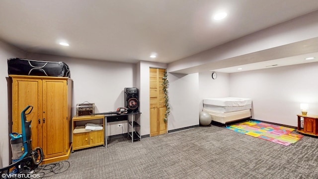 interior space featuring baseboards, carpet floors, and recessed lighting