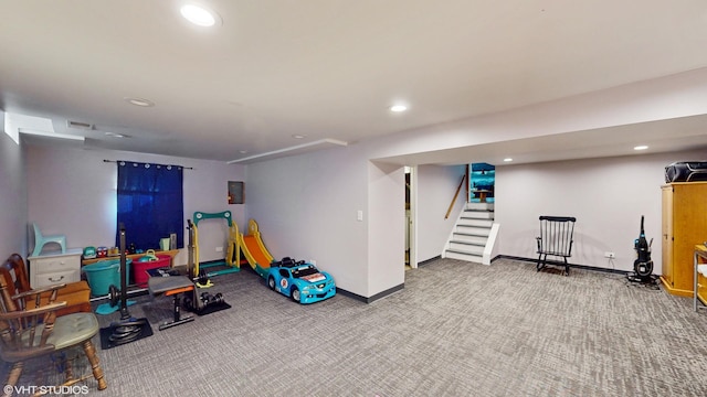 game room with recessed lighting, carpet flooring, visible vents, and baseboards