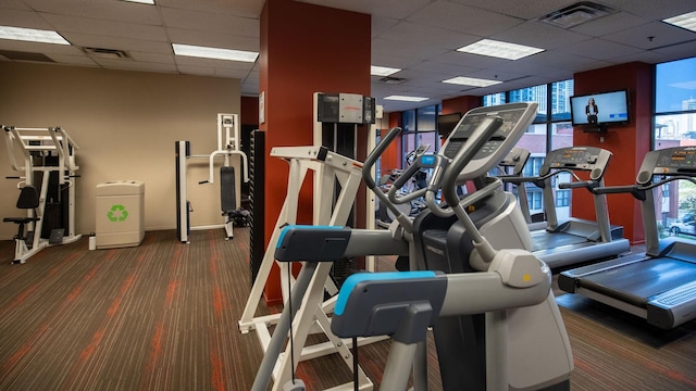 exercise room with carpet floors, expansive windows, visible vents, and a drop ceiling