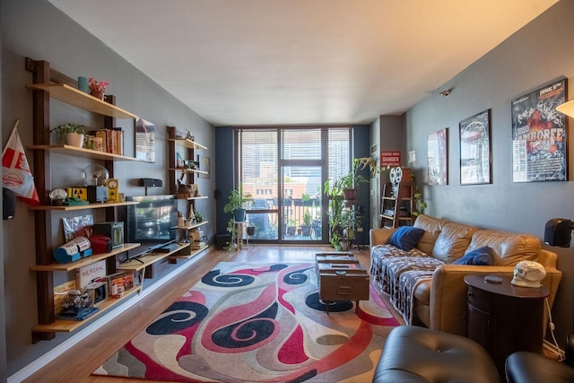 living area with a wall of windows and wood finished floors