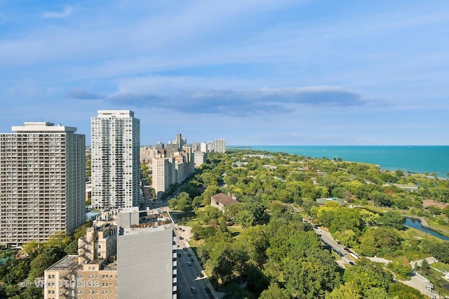 aerial view featuring a water view and a city view