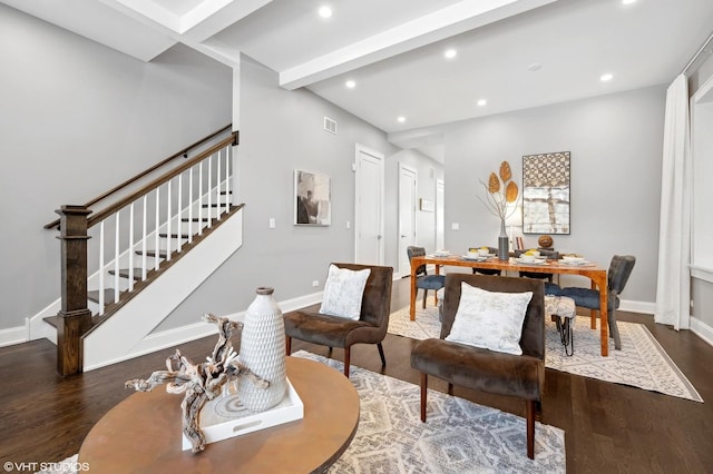 living room with stairway, beamed ceiling, recessed lighting, and wood finished floors