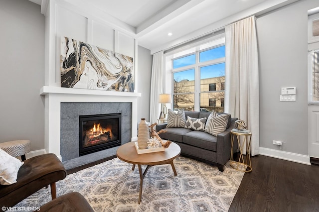 interior space with a premium fireplace, baseboards, and wood finished floors