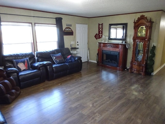 living area featuring baseboards, ornamental molding, a fireplace, wood finished floors, and a textured ceiling