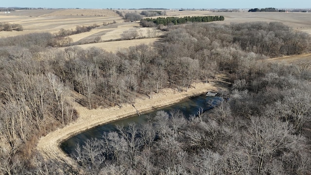 aerial view featuring a water view and a rural view