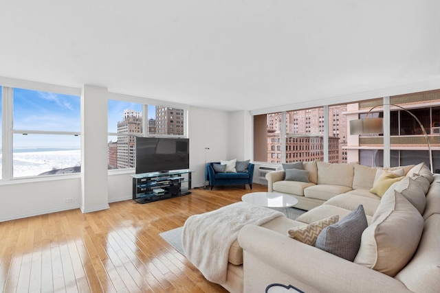 living room with wood-type flooring and baseboards