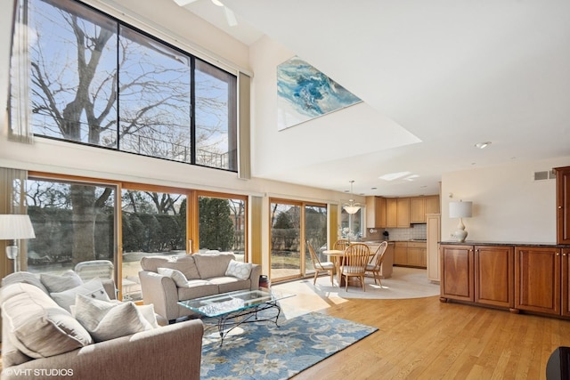 living area with light wood-style flooring and visible vents