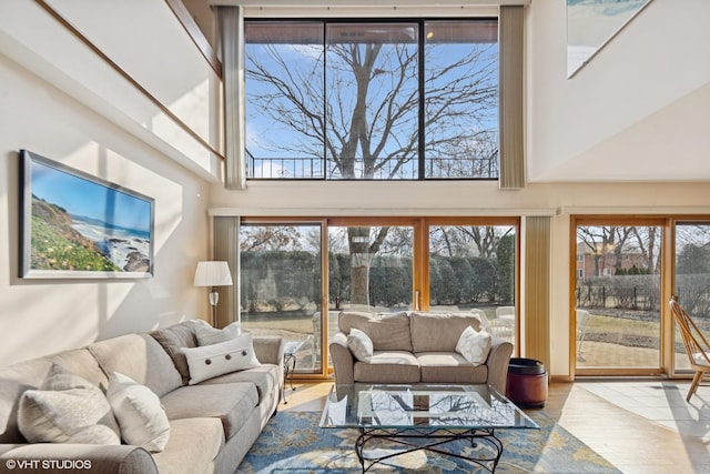 living area featuring a towering ceiling and wood finished floors