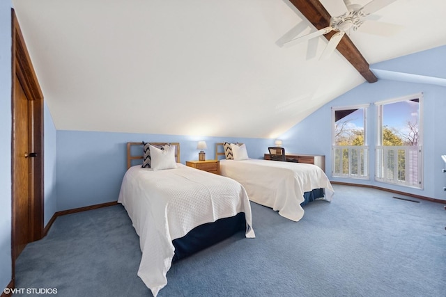 bedroom with carpet, visible vents, lofted ceiling with beams, a ceiling fan, and baseboards