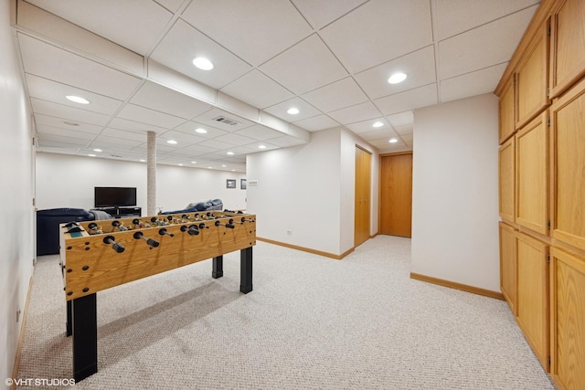 rec room featuring light colored carpet, visible vents, baseboards, and recessed lighting