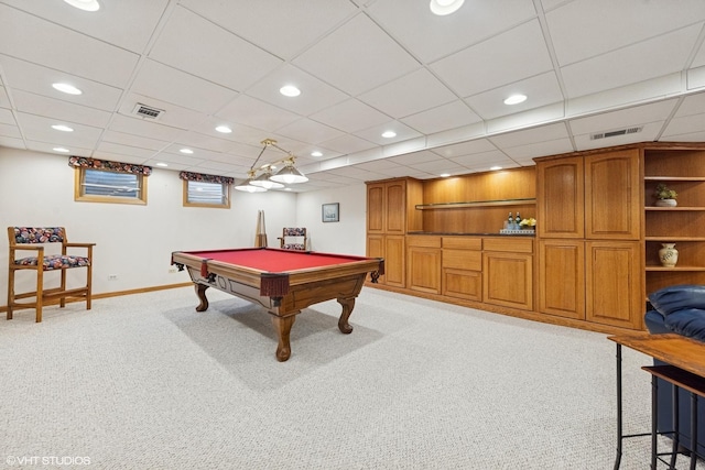 rec room featuring recessed lighting, light colored carpet, pool table, visible vents, and baseboards