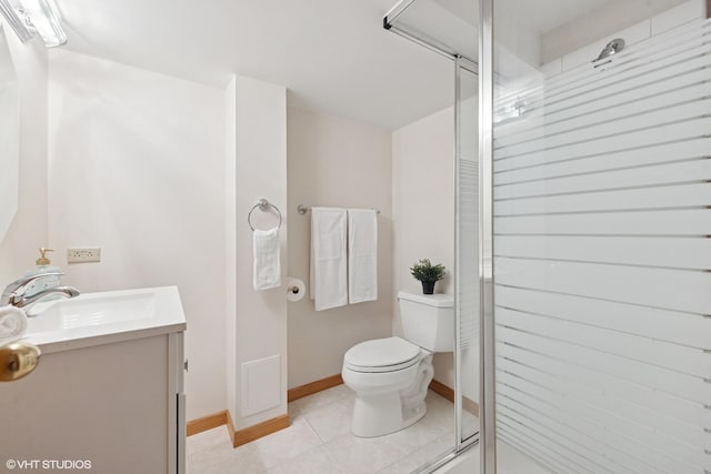 full bath with toilet, a stall shower, vanity, tile patterned flooring, and baseboards