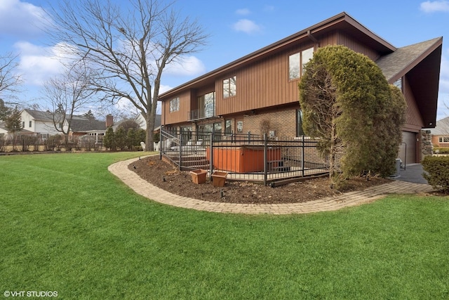 rear view of house featuring brick siding and a yard