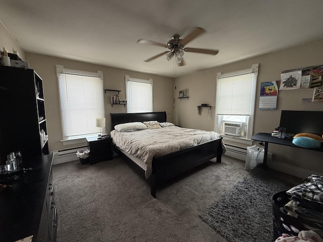 carpeted bedroom featuring ceiling fan, an AC wall unit, multiple windows, and cooling unit