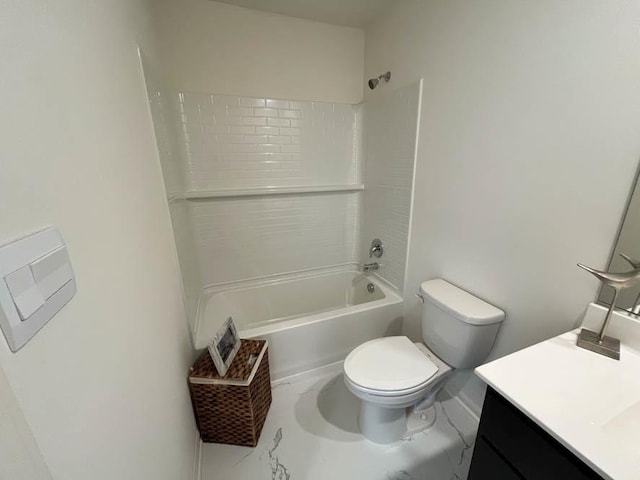 bathroom with toilet, marble finish floor, tub / shower combination, and vanity