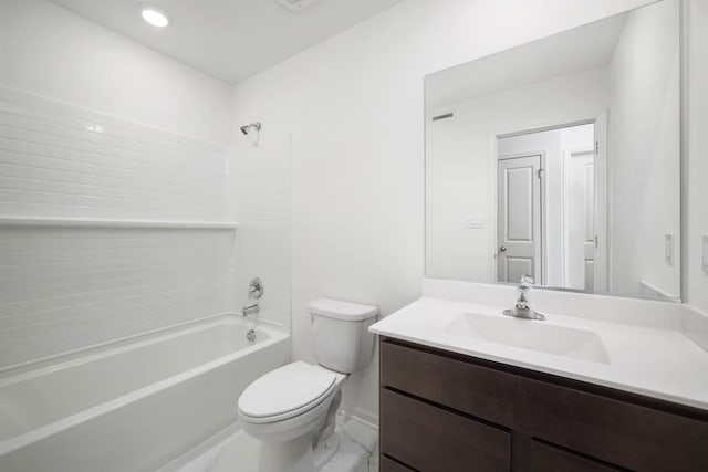 full bathroom with toilet, marble finish floor, vanity, washtub / shower combination, and recessed lighting