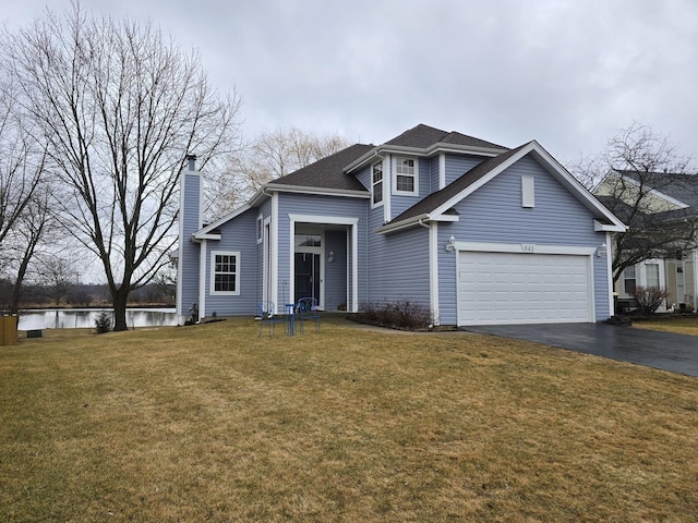 traditional-style home with a garage, driveway, a front yard, and a water view