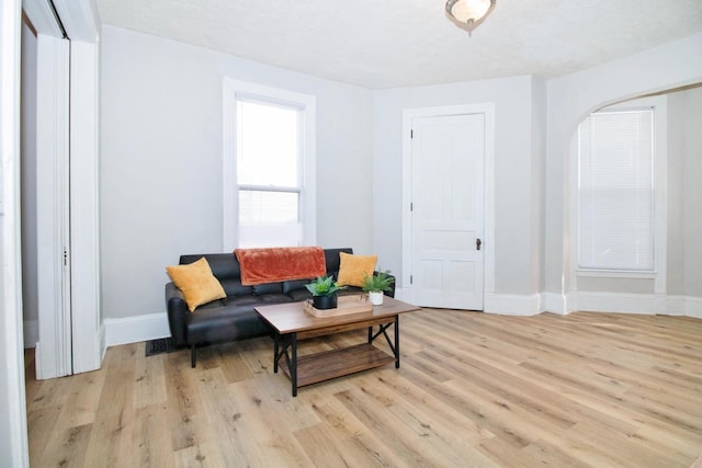 living area featuring light wood-type flooring, baseboards, and arched walkways