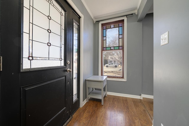 entrance foyer featuring crown molding, baseboards, and wood finished floors