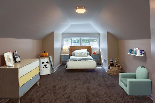 bedroom featuring lofted ceiling, baseboards, visible vents, and dark carpet