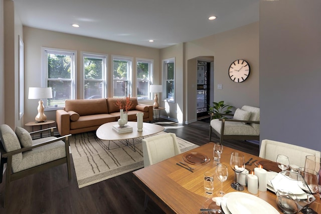 living room featuring dark wood finished floors and recessed lighting